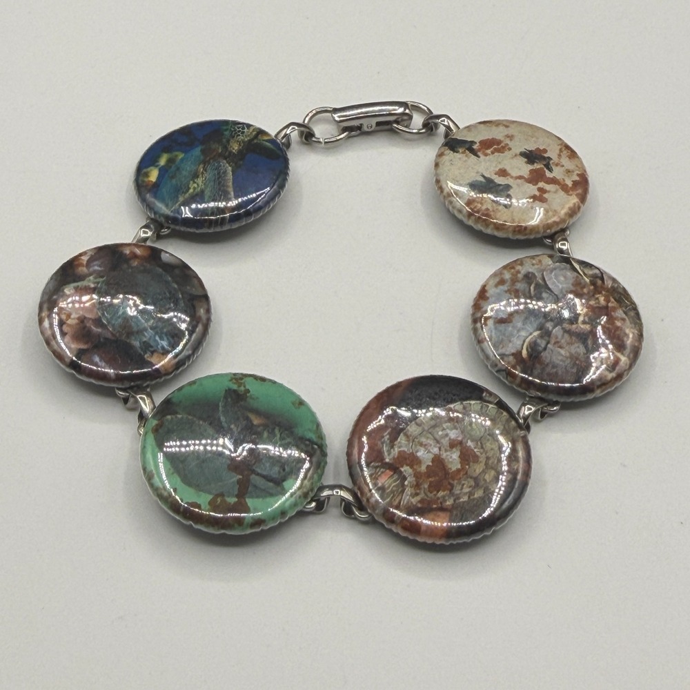 Art Print Round Link Bracelet Multicolor Silver Tone Boho Statement Jewelry Gift